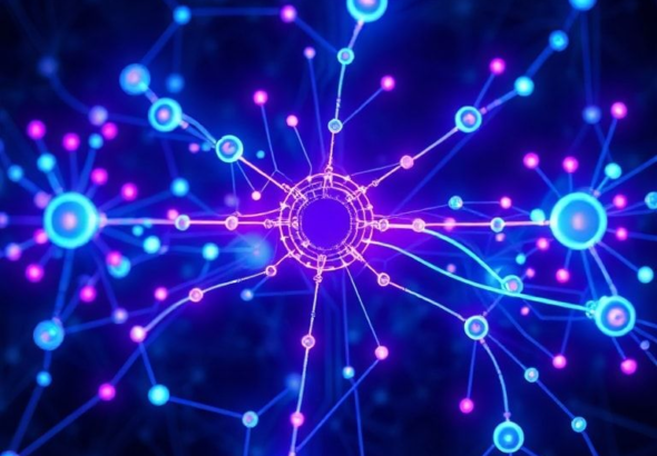 A futuristic, glowing neural network diagram with interconnected nodes and data streams, representing advanced AI architecture. The colors are electric blue and purple, set against a dark, intricate background, conveying complexity and innovation. High-tech, digital art, 8k quality, highly detailed.