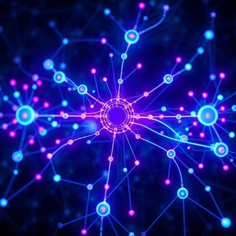 A futuristic, glowing neural network diagram with interconnected nodes and data streams, representing advanced AI architecture. The colors are electric blue and purple, set against a dark, intricate background, conveying complexity and innovation. High-tech, digital art, 8k quality, highly detailed.