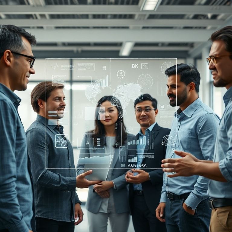 openais - A diverse group of people collaborating with a holographic AI interface in a modern, brightly lit office. The inter