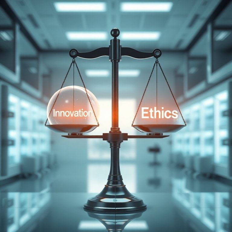 openais - A balanced scale with glowing symbols representing 'Innovation' on one side and 'Ethics' on the other, set in a fut