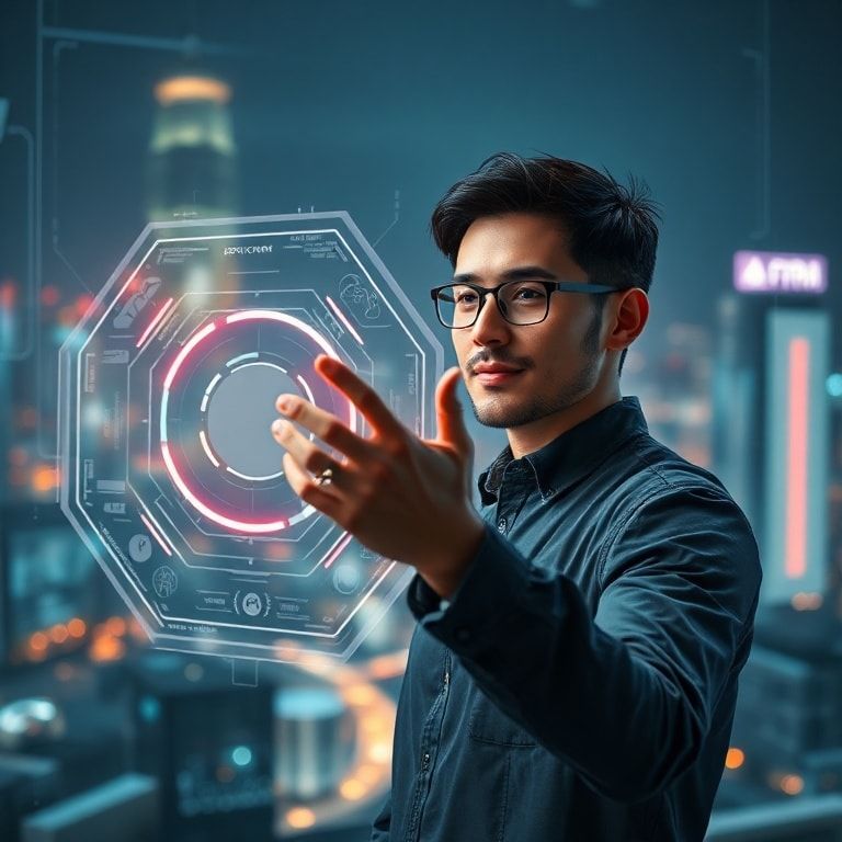 openais - A person confidently interacting with a sleek, minimalist holographic control panel, surrounded by glowing data str