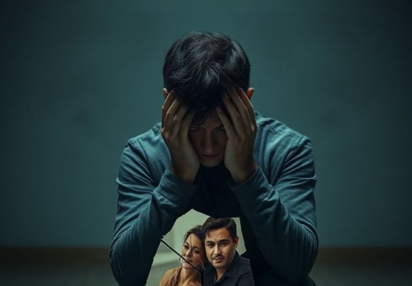 A person sitting alone in a dimly lit room, head in hands, surrounded by shattered fragments of a photograph of a couple, reflecting deep sadness and confusion, a single tear running down their cheek, focus on emotional despair, cinematic lighting, ultra realistic, highly detailed, 8k quality, photorealistic