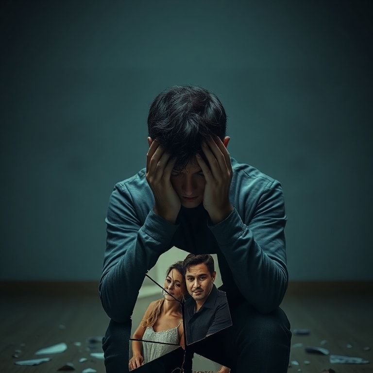 A person sitting alone in a dimly lit room, head in hands, surrounded by shattered fragments of a photograph of a couple, reflecting deep sadness and confusion, a single tear running down their cheek, focus on emotional despair, cinematic lighting, ultra realistic, highly detailed, 8k quality, photorealistic