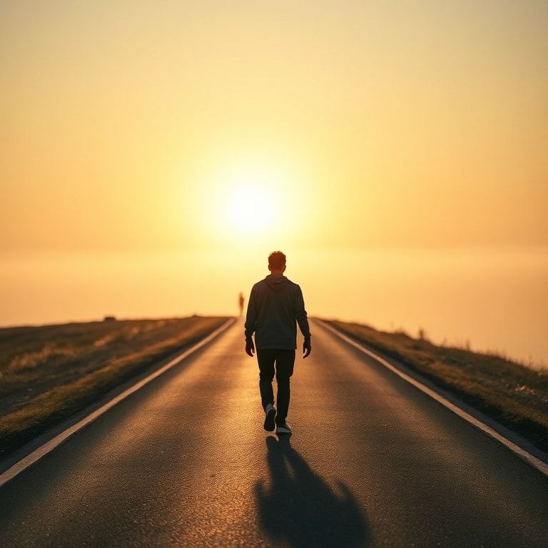 partner - A person walking away on a long, winding road towards a bright horizon, leaving behind a blurred, shadowy figure in