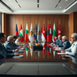 A diverse group of diplomats from various countries seated around a large, polished conference table in a modern, well-lit negotiation room, engaged in serious discussion, flags of different nations subtly in the background, professional and serious atmosphere, natural light, highly detailed, cinematic, 8k quality