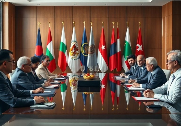 A diverse group of diplomats from various countries seated around a large, polished conference table in a modern, well-lit negotiation room, engaged in serious discussion, flags of different nations subtly in the background, professional and serious atmosphere, natural light, highly detailed, cinematic, 8k quality