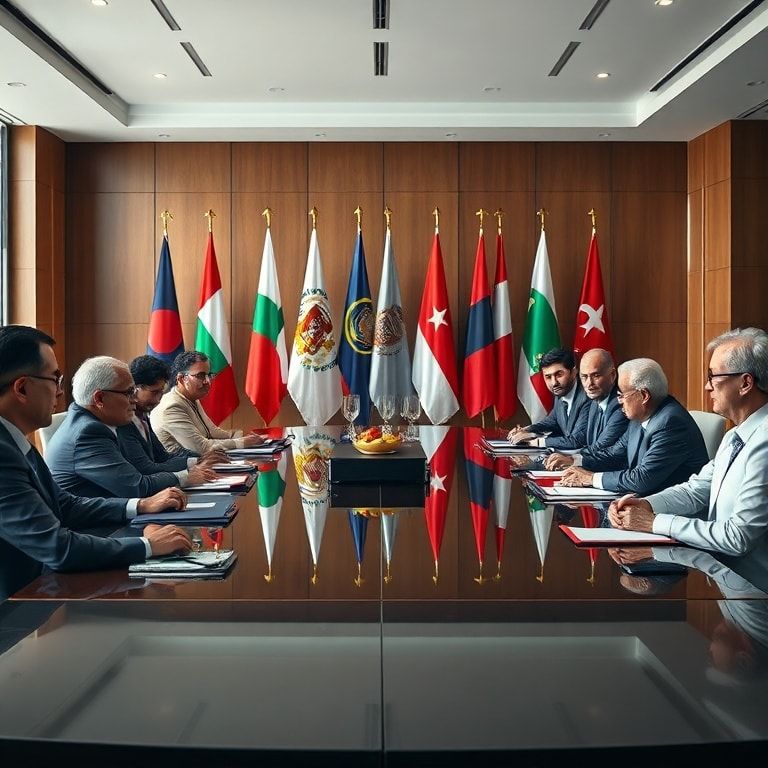 A diverse group of diplomats from various countries seated around a large, polished conference table in a modern, well-lit negotiation room, engaged in serious discussion, flags of different nations subtly in the background, professional and serious atmosphere, natural light, highly detailed, cinematic, 8k quality