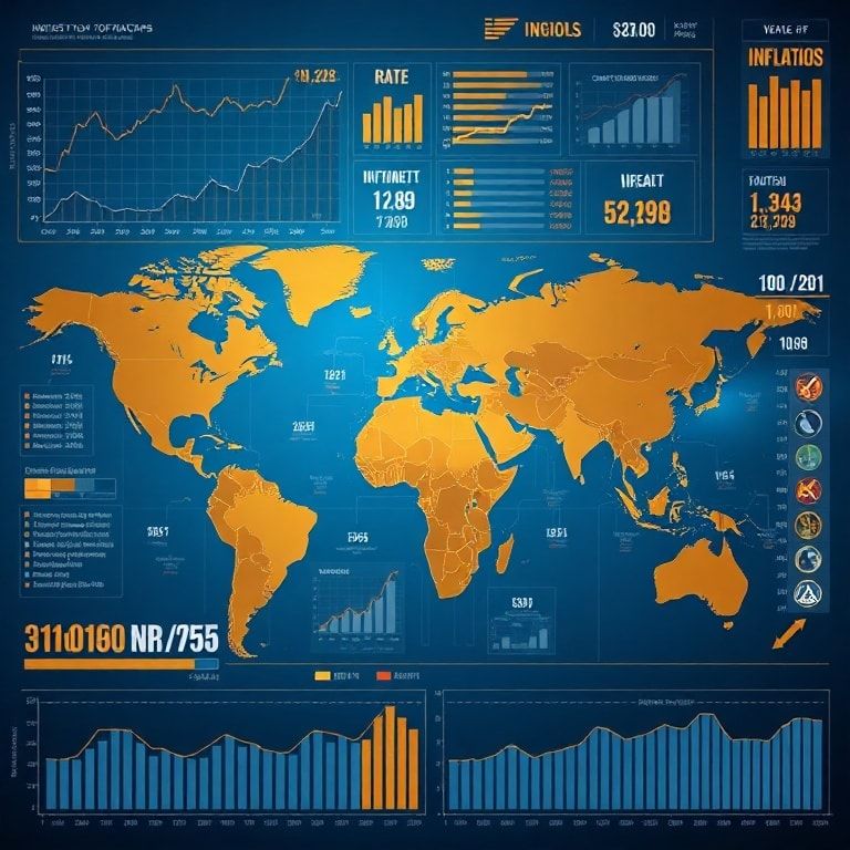 todays - A detailed infographic display showing rising inflation graphs, interest rate charts, and stock market tickers, over