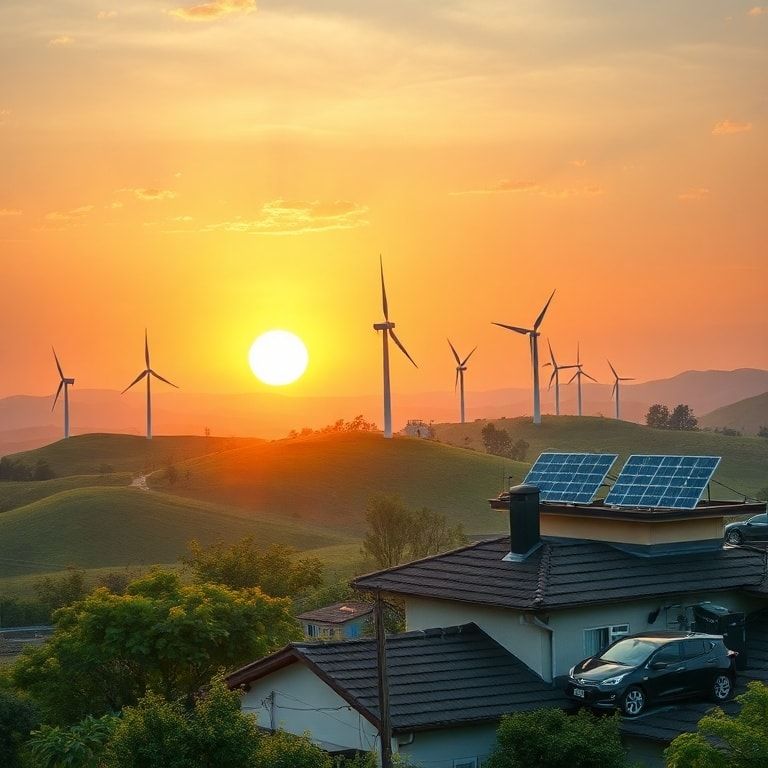 todays - A vibrant and optimistic scene depicting renewable energy sources: wind turbines on rolling hills at sunset, solar p