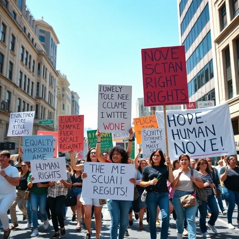 todays - A diverse group of people from different backgrounds marching peacefully in a city street, holding signs with messag