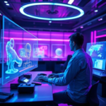 futuristic digital art studio with holographic displays showing 3D models being generated by AI, a designer interacting with a sleek Adobe Firefly interface, vibrant blue and purple neon lights, ultra realistic, highly detailed, 8k quality, photorealistic, cinematic atmosphere