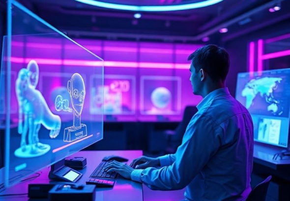 futuristic digital art studio with holographic displays showing 3D models being generated by AI, a designer interacting with a sleek Adobe Firefly interface, vibrant blue and purple neon lights, ultra realistic, highly detailed, 8k quality, photorealistic, cinematic atmosphere