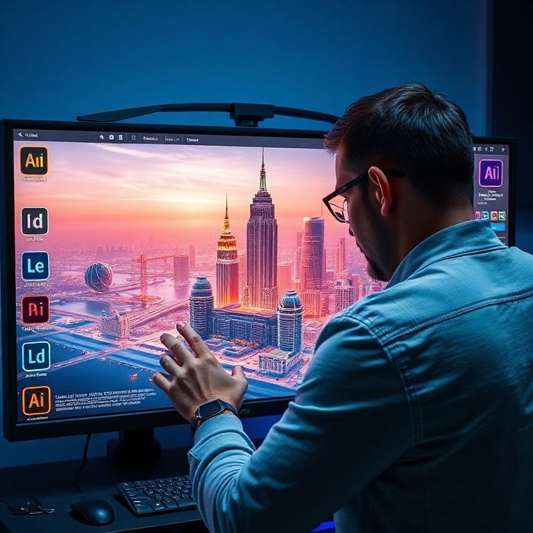 master - digital artist meticulously refining a generated 3D model of a futuristic cityscape on a large touchscreen monitor,