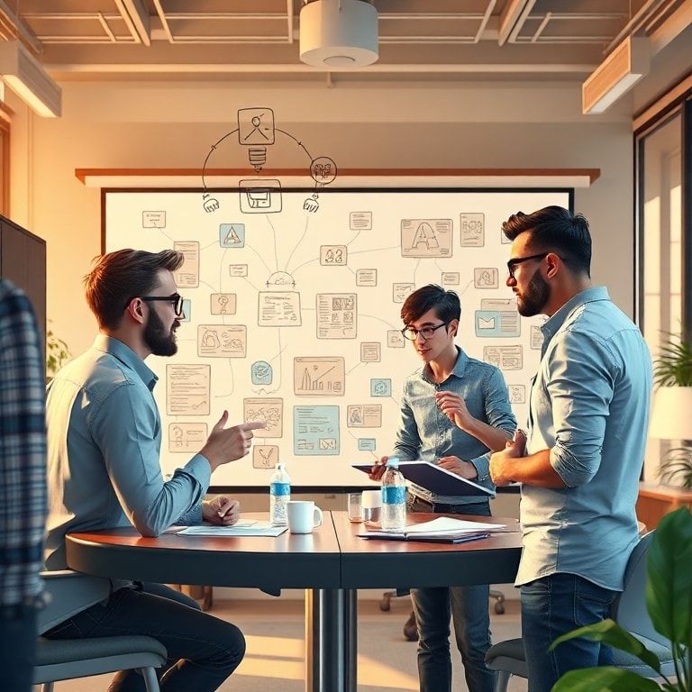 master - diverse group of creative professionals collaborating around a large interactive display, brainstorming ideas for 3D