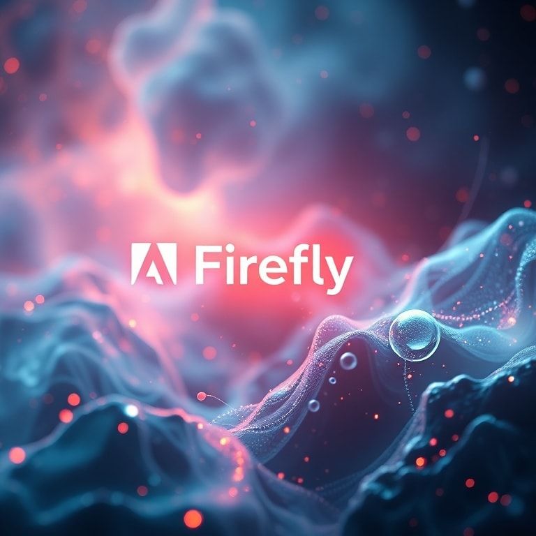 master - a futuristic digital canvas displaying a seamless blend of 2D and 3D elements, a stylized Adobe Firefly logo glows s