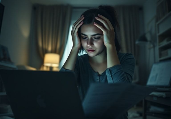 A young woman sits alone in a dimly lit room, holding her head in her hands, a laptop open in front of her displaying complex financial documents. The room is slightly messy, suggesting stress and long hours. The mood is somber and reflective, with soft, cool lighting. Cinematic, highly detailed, photorealistic, 8k quality.