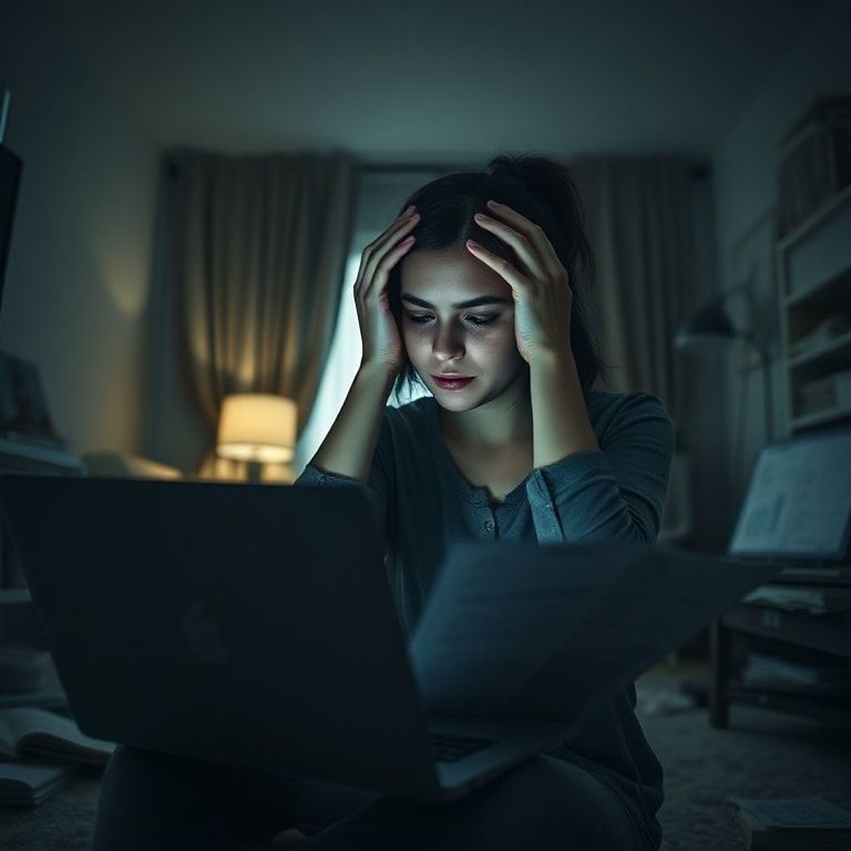 A young woman sits alone in a dimly lit room, holding her head in her hands, a laptop open in front of her displaying complex financial documents. The room is slightly messy, suggesting stress and long hours. The mood is somber and reflective, with soft, cool lighting. Cinematic, highly detailed, photorealistic, 8k quality.