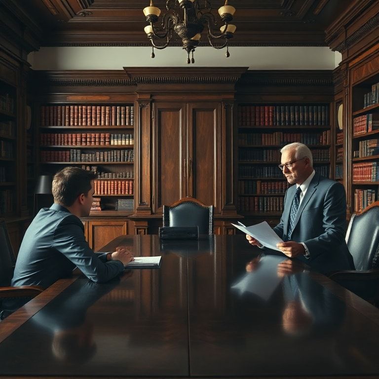 confession - A person sits across a large, dark wooden table from a stern-looking man in a suit, who holds legal documents. T