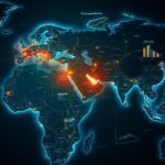 A detailed world map with glowing lines connecting various geopolitical hotspots, focusing on the Middle East, with overlaid financial charts and diplomatic handshake silhouettes. The overall mood is serious and informative, using a blend of blues, greens, and subtle golds, high-tech, digital art style, ultra realistic, highly detailed, 8k quality, photorealistic, representing a Global News Digest.
