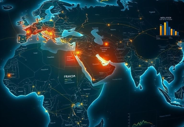 A detailed world map with glowing lines connecting various geopolitical hotspots, focusing on the Middle East, with overlaid financial charts and diplomatic handshake silhouettes. The overall mood is serious and informative, using a blend of blues, greens, and subtle golds, high-tech, digital art style, ultra realistic, highly detailed, 8k quality, photorealistic, representing a Global News Digest.