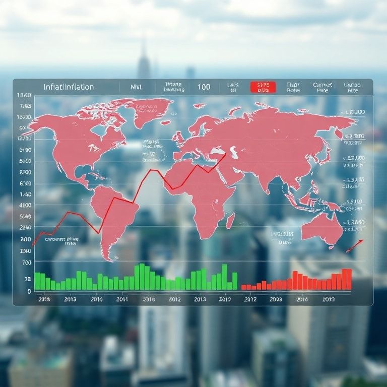 A complex infographic showing a global inflation chart with rising lines and various economic indicators like consumer price