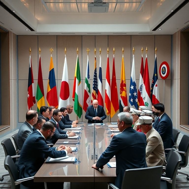 global - A diverse group of world leaders from different continents engaged in a high-level diplomatic meeting around a large