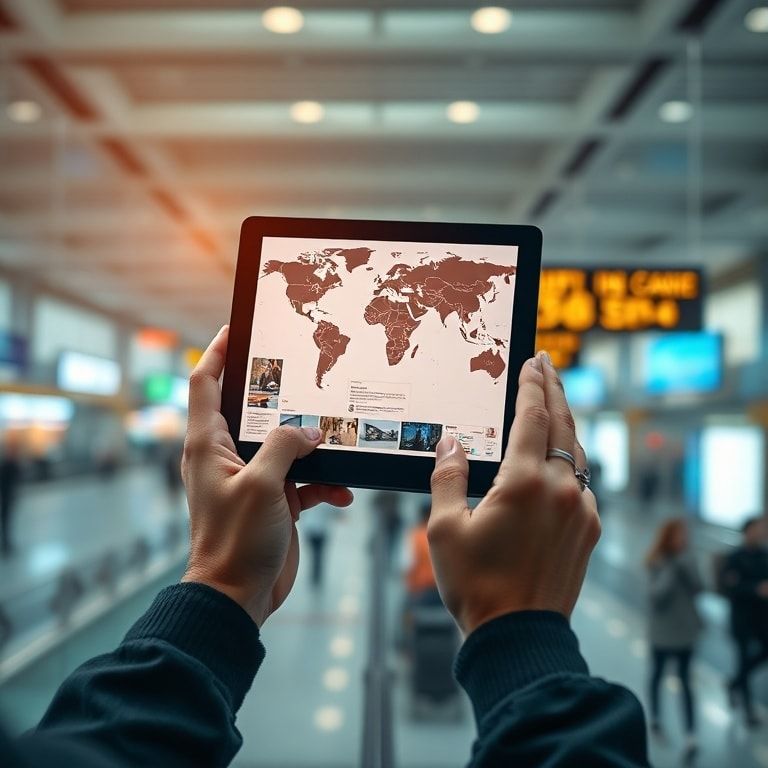 A person's hands holding a tablet displaying various news headlines and world maps, with a blurred background of a bustling i