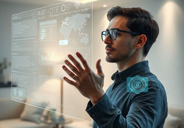 A person interacting seamlessly with a holographic AI interface, using voice, hand gestures, and eye tracking. The interface displays dynamic, flowing information, incorporating text, 3D models, and real-time data visualizations. The environment is a futuristic, minimalist living room with soft, ambient lighting, indicating an intuitive and natural communication experience enabled by the Openais Gpt7 Launch. Cinematic, highly detailed, 8k quality, photorealistic.