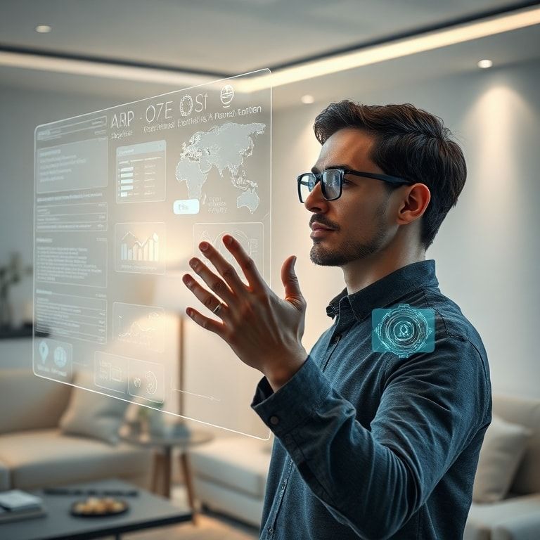 A person interacting seamlessly with a holographic AI interface, using voice, hand gestures, and eye tracking. The interface displays dynamic, flowing information, incorporating text, 3D models, and real-time data visualizations. The environment is a futuristic, minimalist living room with soft, ambient lighting, indicating an intuitive and natural communication experience enabled by the Openais Gpt7 Launch. Cinematic, highly detailed, 8k quality, photorealistic.