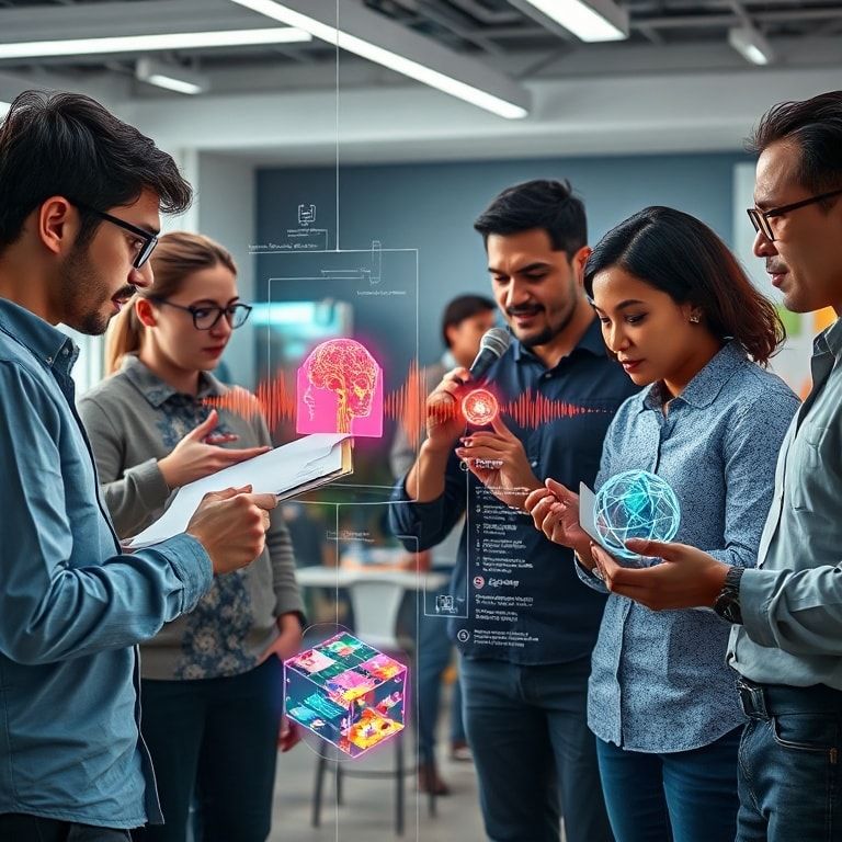 A diverse group of creative professionals collaborating with a transparent, glowing AI interface in a modern studio. One pers