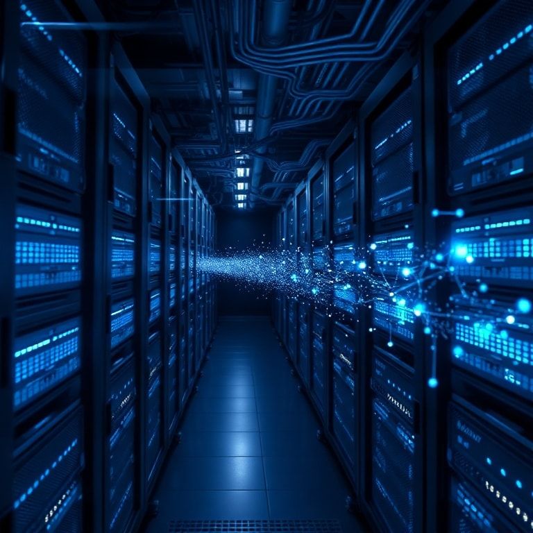 A secure data center with glowing blue server racks and complex network connections, symbolizing robust data privacy and secu