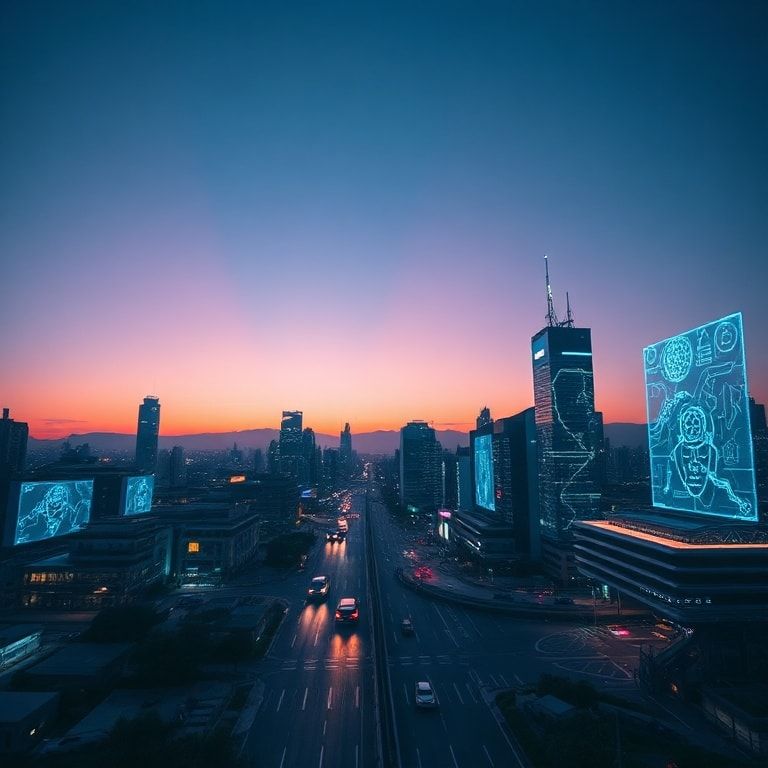A futuristic cityscape at dusk, bathed in the glow of advanced technology, with holographic projections and autonomous vehicl