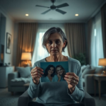 A woman sitting alone in a dimly lit, perfectly organized modern living room, her face etched with deep guilt and regret, holding a discarded photo of two sisters smiling in happier times. The mood is heavy and melancholic, with soft shadows and a cool color palette, cinematic, ultra realistic, highly detailed, 8k quality, photorealistic