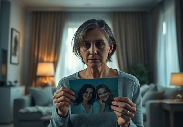 A woman sitting alone in a dimly lit, perfectly organized modern living room, her face etched with deep guilt and regret, holding a discarded photo of two sisters smiling in happier times. The mood is heavy and melancholic, with soft shadows and a cool color palette, cinematic, ultra realistic, highly detailed, 8k quality, photorealistic