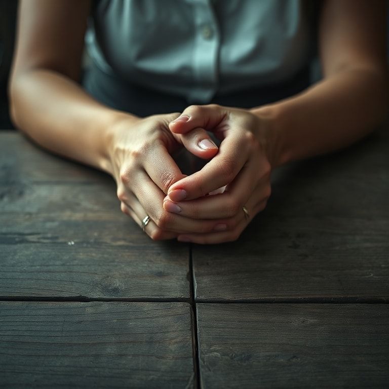 confession - A woman's hands clasped tightly, resting on a worn wooden table, symbolizing immense internal struggle and the w