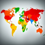 A detailed map of the world with various regions highlighted in different colors, representing political shifts. Europe shows strong red for defense, Asia with green for economic rise, Latin America with blue for electoral changes, and Africa with yellow for emerging economies. The map is overlaid with subtle digital lines connecting regions, suggesting interconnectedness. Soft, informative lighting, high-definition, realistic, map data visualization style, Global News Roundup context.
