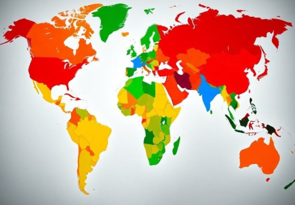 A detailed map of the world with various regions highlighted in different colors, representing political shifts. Europe shows strong red for defense, Asia with green for economic rise, Latin America with blue for electoral changes, and Africa with yellow for emerging economies. The map is overlaid with subtle digital lines connecting regions, suggesting interconnectedness. Soft, informative lighting, high-definition, realistic, map data visualization style, Global News Roundup context.