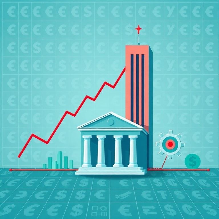 A stylized infographic showing economic trends: a rising line graph for inflation, a towering bar graph for interest rates, a