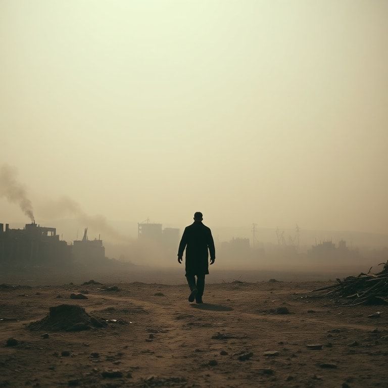 A desolate landscape depicting the aftermath of conflict, with a lone, silhouetted figure walking towards a distant horizon.