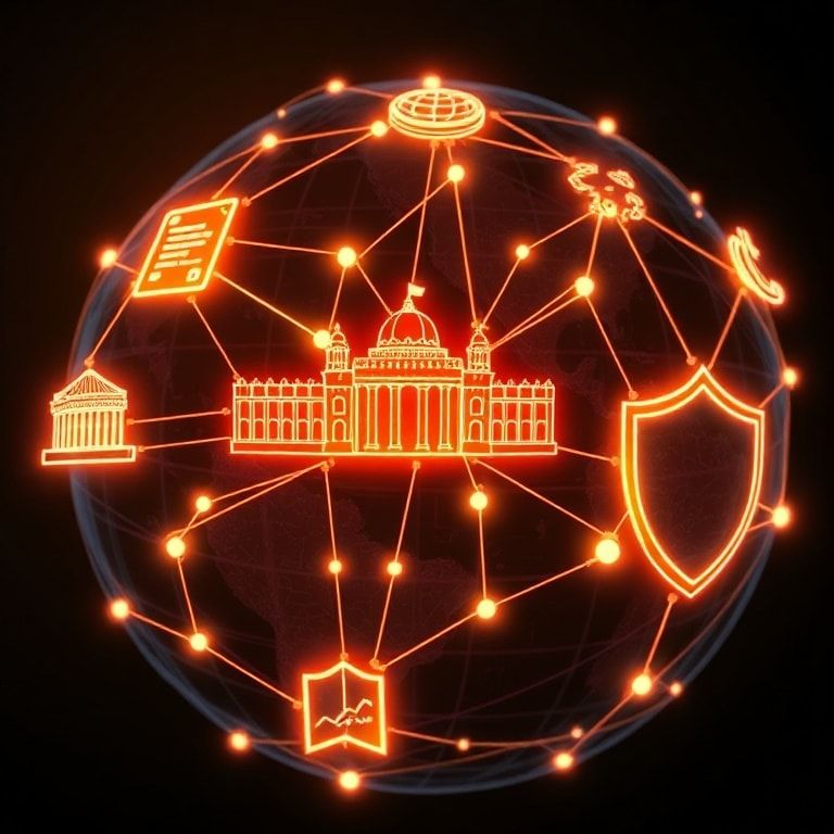 A complex network of glowing lines connecting various icons representing political shifts (parliament building), economic tre