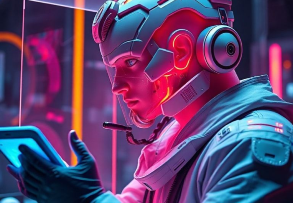 A futuristic artist using a holographic interface to sculpt a complex 3D model with AI assistance, vibrant neon colors, sleek ergonomic design, representing the cutting-edge innovation of Adobe Creative Cloud, cinematic lighting, ultra realistic, highly detailed, 8k quality, photorealistic