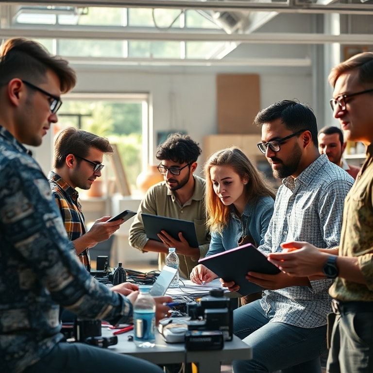 A diverse group of artists collaborating seamlessly in a modern digital studio, each utilizing advanced Adobe Creative Cloud