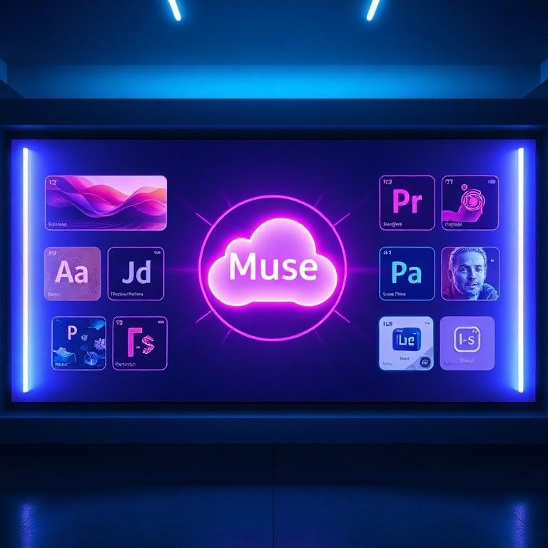 A sleek, minimalist interface displaying various Adobe Creative Cloud applications, with a glowing central icon representing