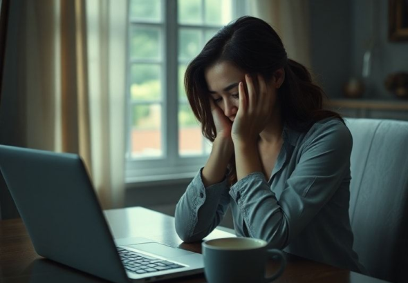 A woman sits alone at a dining table, head in hands, with an open laptop showing a flight itinerary on the screen. The room is dimly lit, reflecting a mood of shock and devastation. Empty coffee cup on the table. Focus on her expression of betrayal, soft natural light from a window, cinematic, realistic, highly detailed.