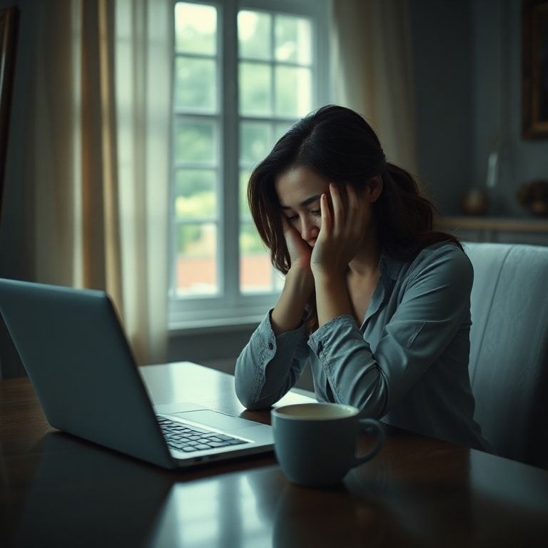 A woman sits alone at a dining table, head in hands, with an open laptop showing a flight itinerary on the screen. The room is dimly lit, reflecting a mood of shock and devastation. Empty coffee cup on the table. Focus on her expression of betrayal, soft natural light from a window, cinematic, realistic, highly detailed.