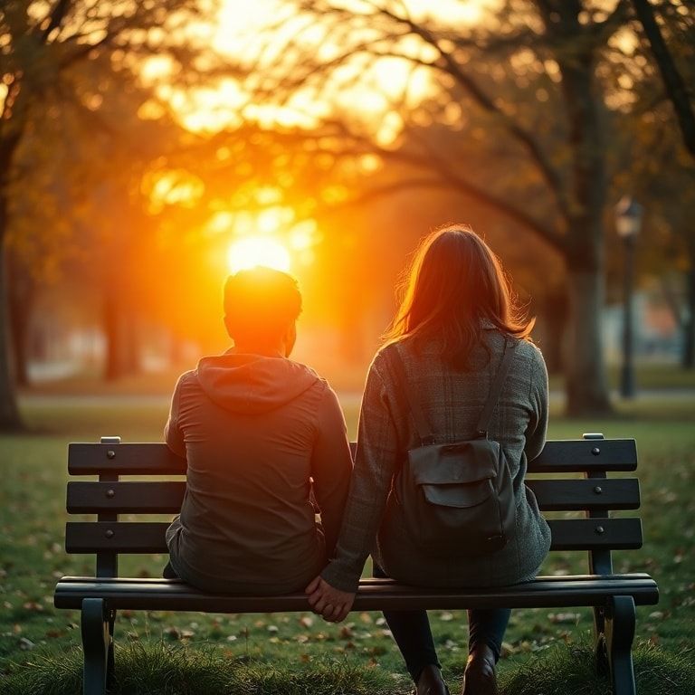 longterm - A couple sits on a park bench, holding hands, looking at a distant horizon with hopeful expressions. The setting s