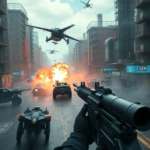 urban battlefield with intense firefight, futuristic weapons and vehicles, dynamic weather effects, action-packed gameplay, high-octane combat