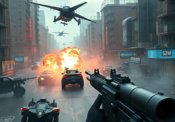 urban battlefield with intense firefight, futuristic weapons and vehicles, dynamic weather effects, action-packed gameplay, high-octane combat