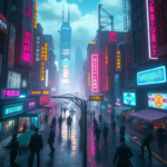 futuristic cityscape with neon lights and bustling streets, high-tech cybernetic enhancements, dynamic weather effects, diverse range of NPCs, immersive open-world environment, action-packed gameplay, vibrant and colorful visuals