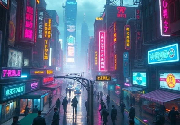 futuristic cityscape with neon lights and bustling streets, high-tech cybernetic enhancements, dynamic weather effects, diverse range of NPCs, immersive open-world environment, action-packed gameplay, vibrant and colorful visuals